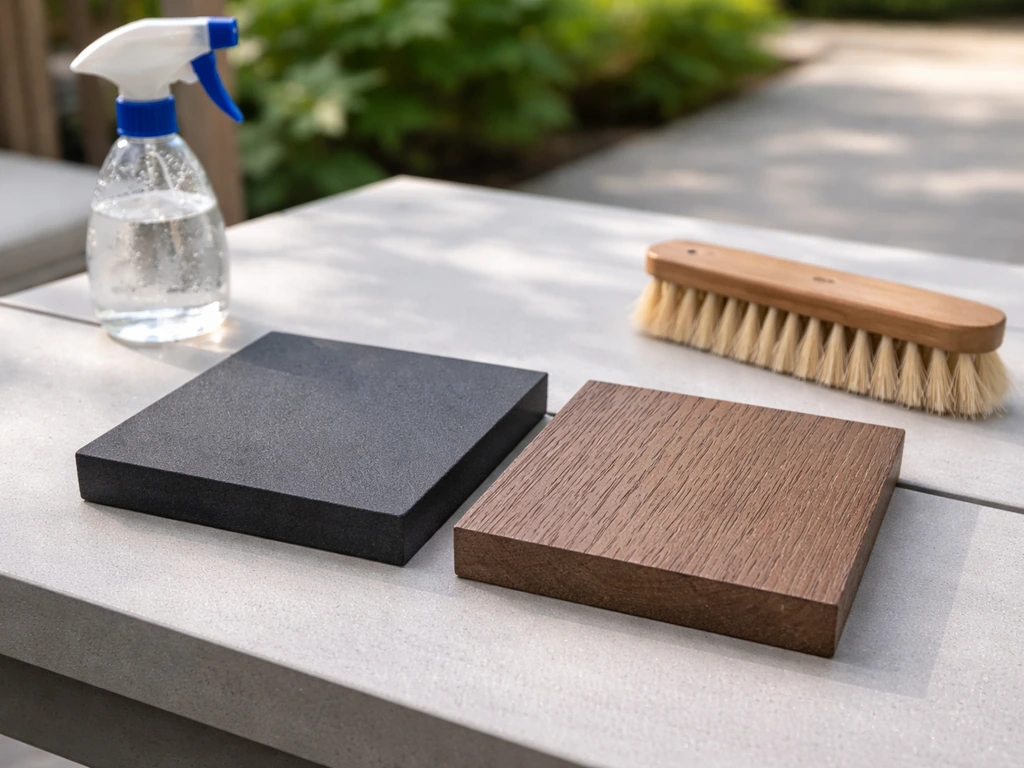 Two deck material sample boards side by side with water and a brush to suggest durability and maintenance.