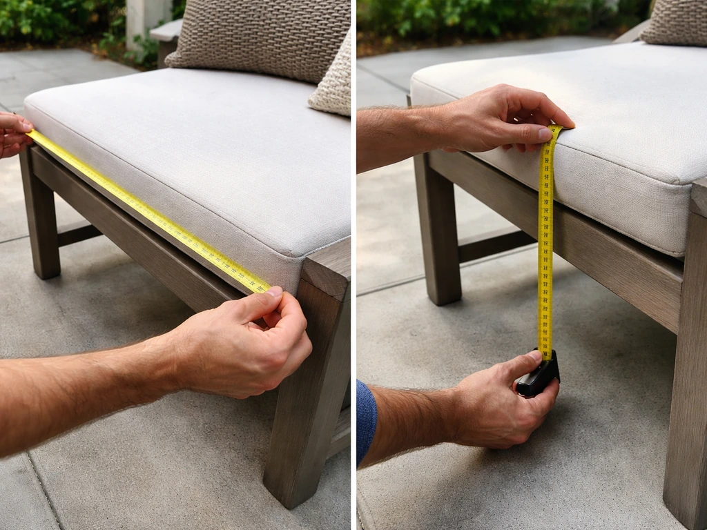 Hands measuring a patio bench with a tape measure to get width, depth, and height for a cover.