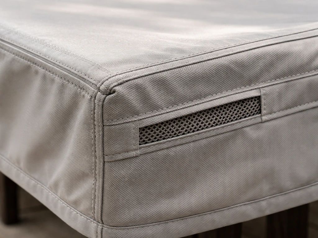 Closeup of a patio cover seam, UV-stitching detail, and side vent zone with waterproof stitching