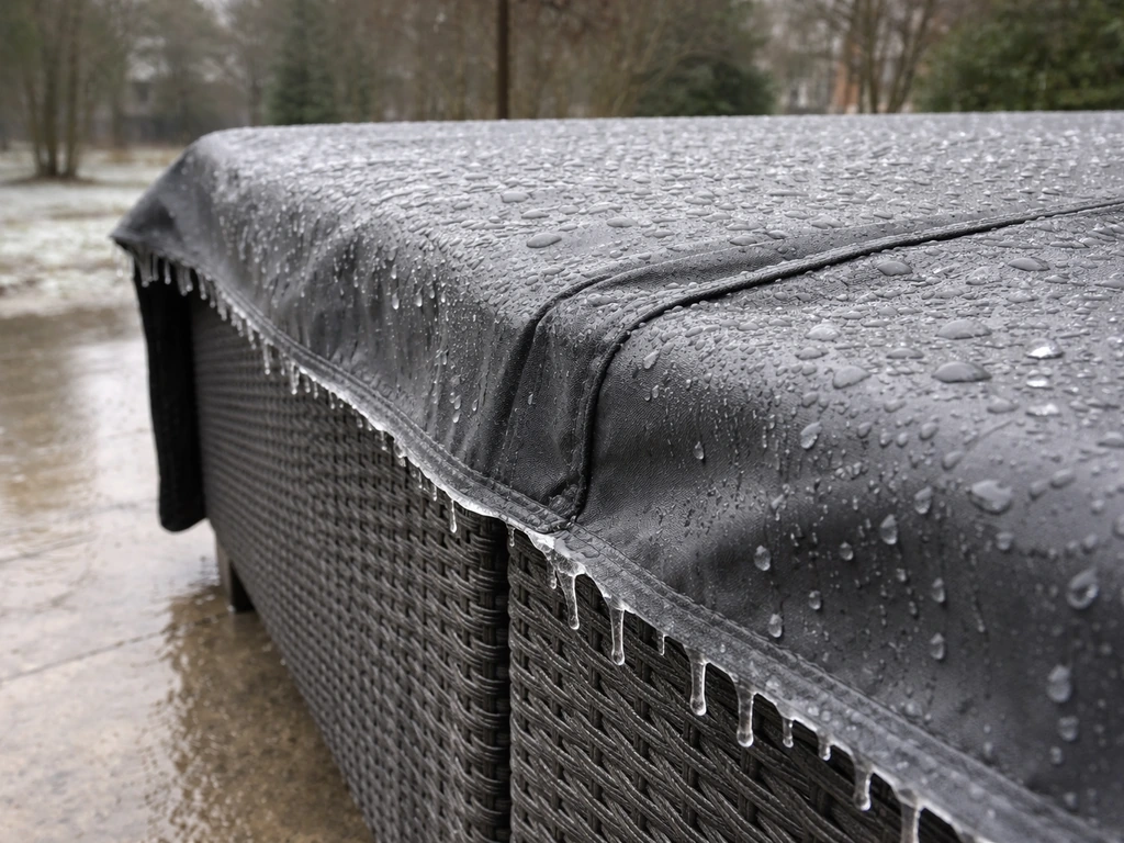 Freezing wet patio scene where a cover’s folds and edges stay uncracked and a furniture edge stays dry.