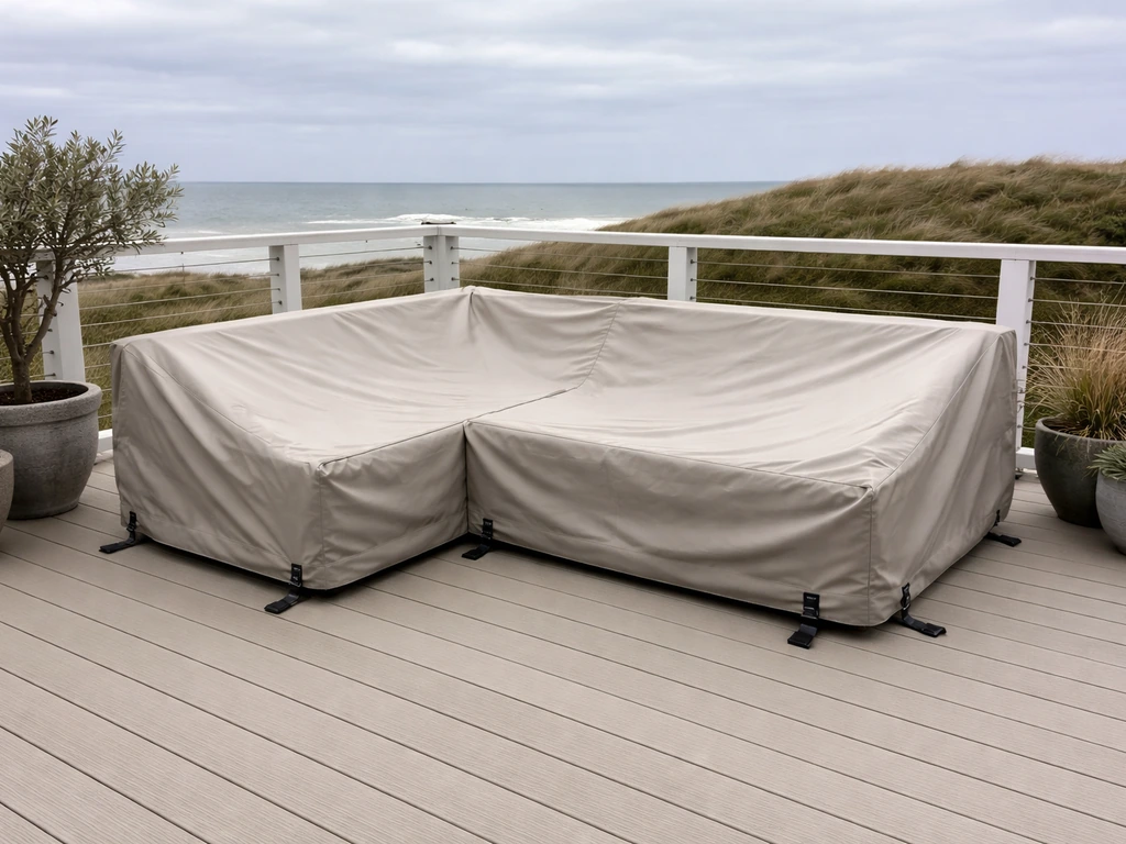 Outdoor deck patio cover tightly strapped underneath furniture to prevent wind lofting.