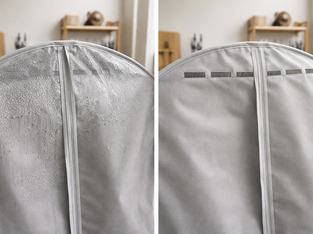 A close-up of a jacket cover with condensation droplets contrasted with an open, ventilated cover showing small vents