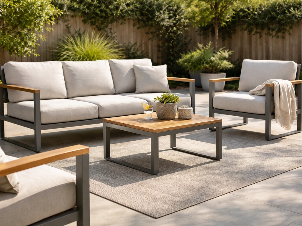 Sunlit patio with durable outdoor furniture showing aluminum frame, teak accents, and outdoor cushions