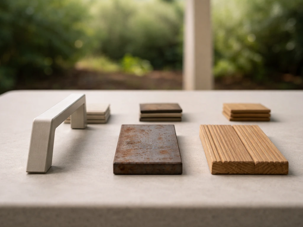 Side-by-side outdoor material samples: powder-coated aluminum, rusted steel, and teak wood on a patio table.