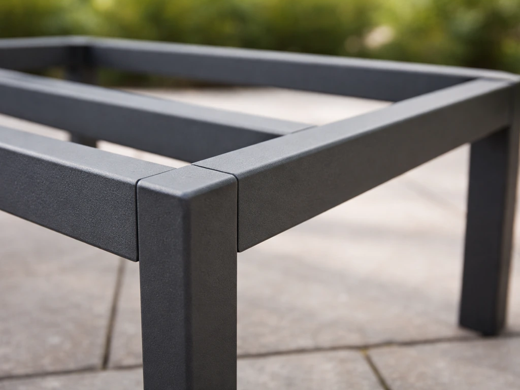 Powder-coated aluminum outdoor patio chair frame with close focus on joints and edge coating outdoors.