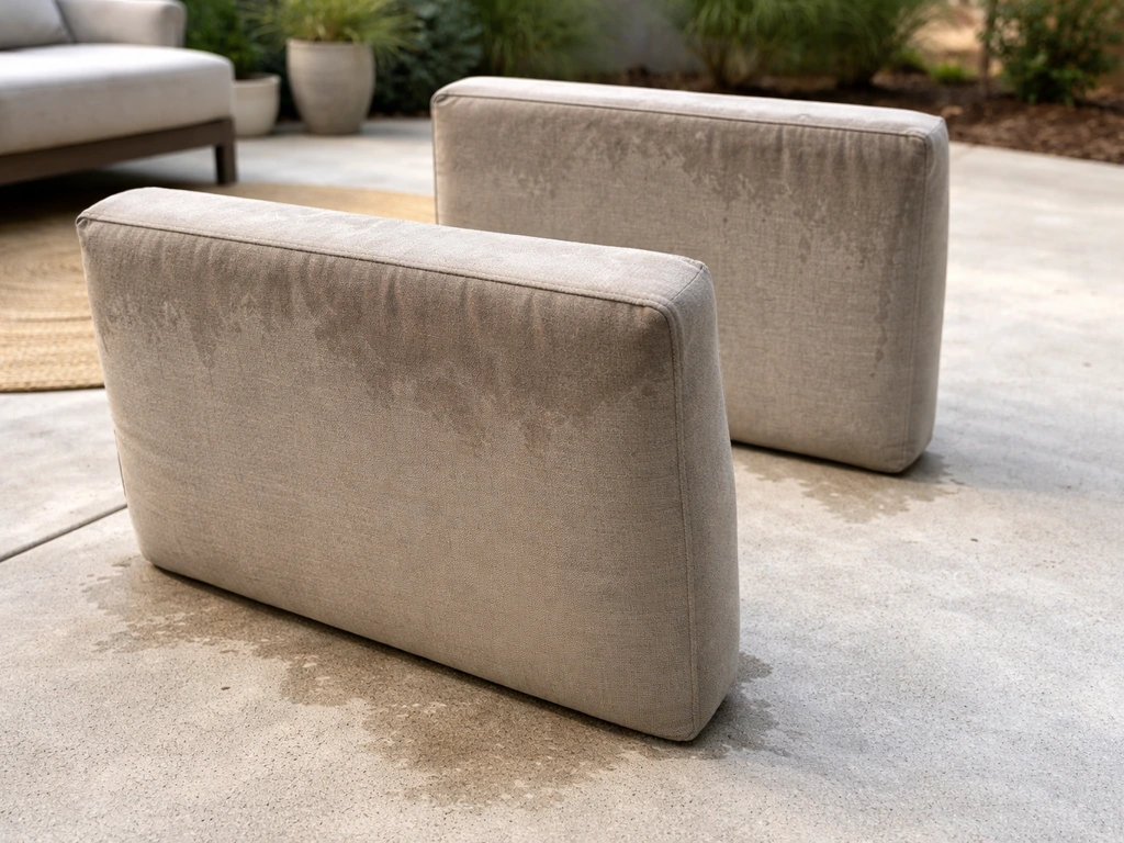 Upholstered cushions set upright on a patio to dry, preventing mildew growth from moisture.