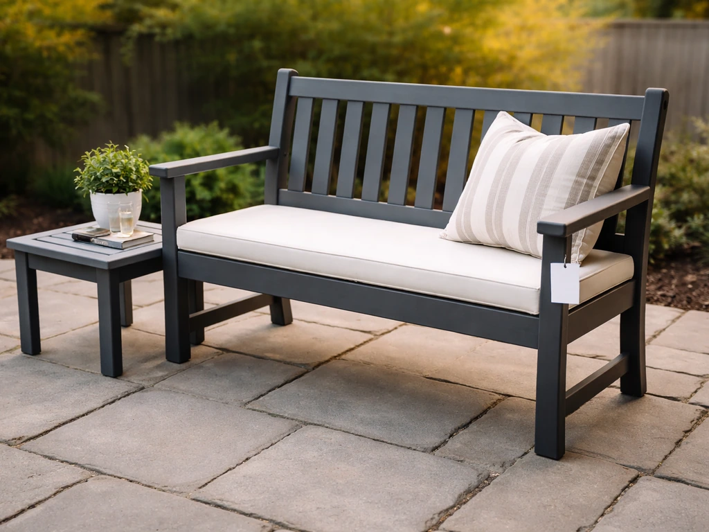 HDPE poly lumber outdoor bench on a patio with a generic warranty-style tag prop, clean and low-maintenance.