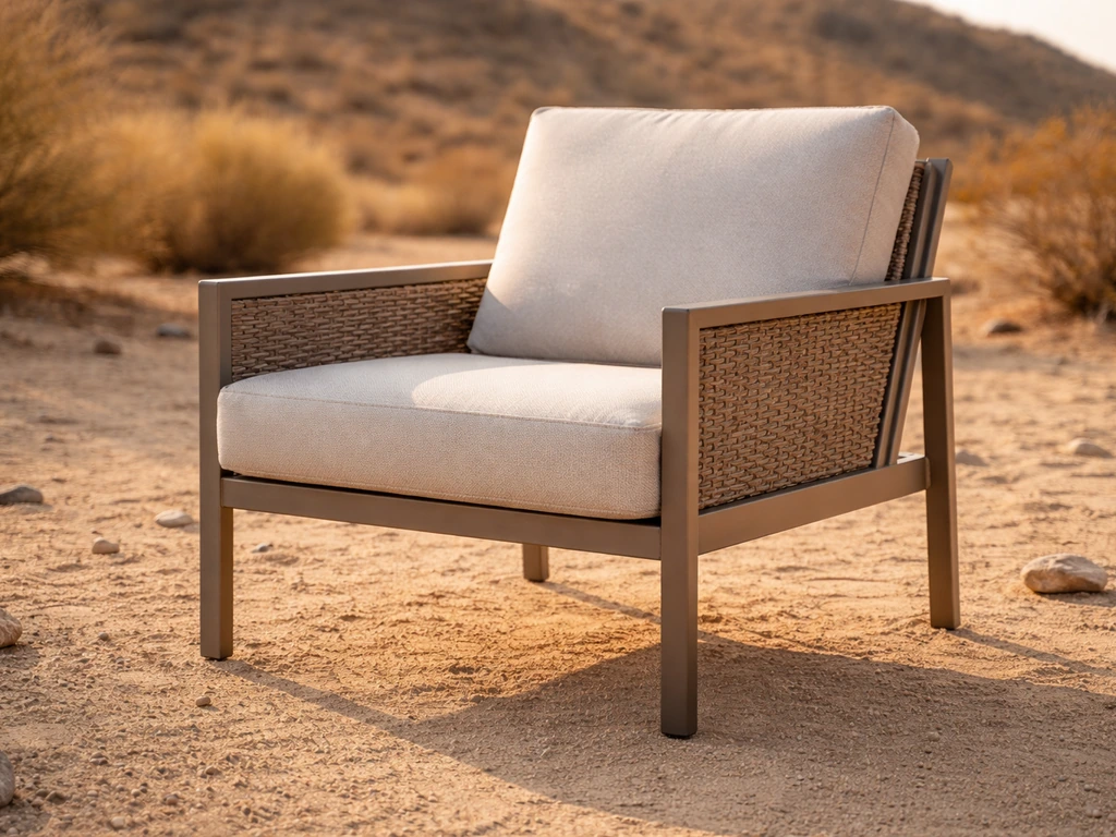 Sunlit desert patio with UV-resistant cushion, powder-coated aluminum frame, and synthetic wicker on sandy ground.