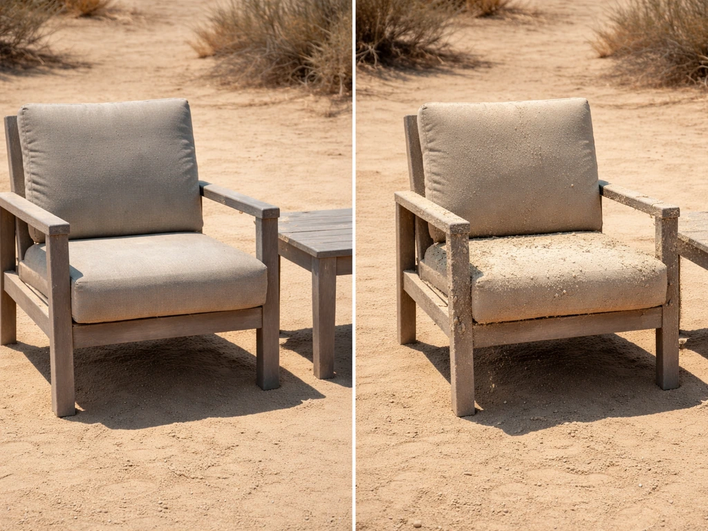 Two halves show patio furniture fading and cracking from desert sun, UV, dust, and dryness.