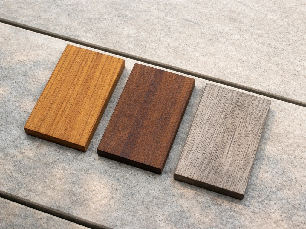 Close view of teak and ipe slats next to a sun-bleached UV-grayed wood surface outdoors.