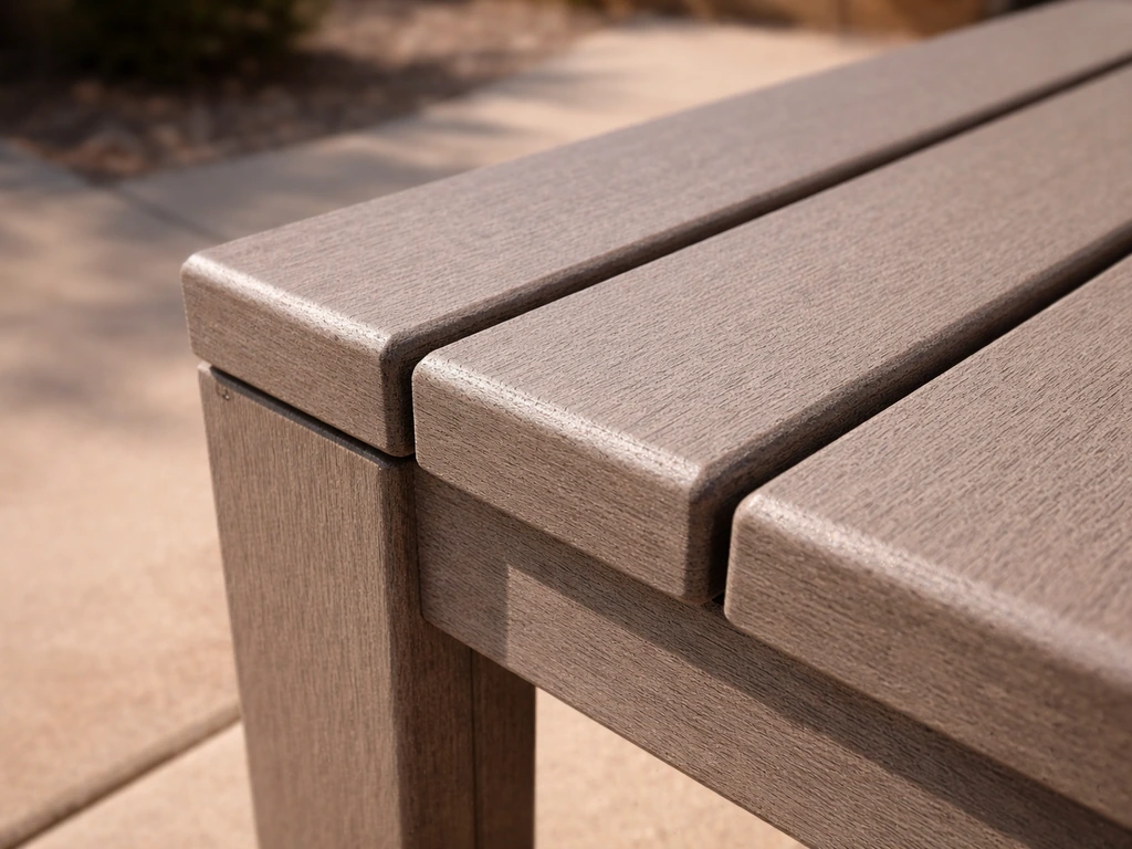 Close-up of HDPE composite patio slats and joints with textured, non-splintering plastic surface.