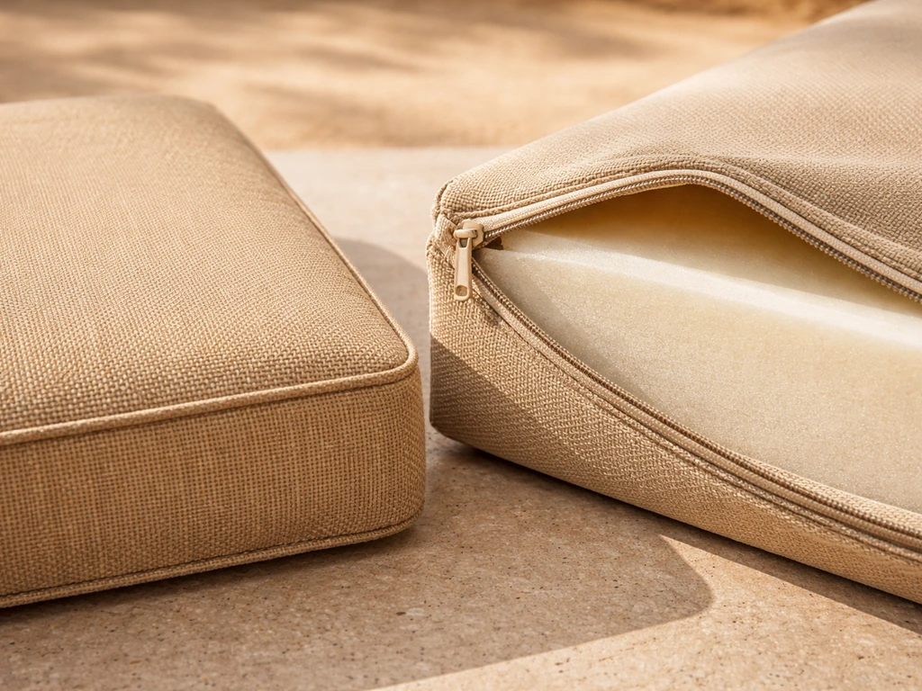 Close-up of solution-dyed acrylic fabric and high-performance foam with a slightly opened removable cover zipper detail.