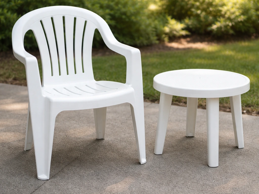 Spray-painted plastic patio chair and small table outdoors with smooth, even weather-ready finish.