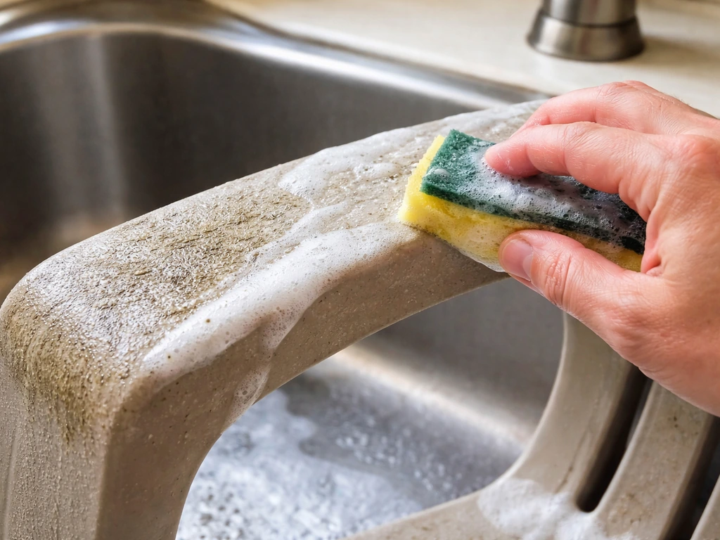 Close-up of a hand washing plastic patio chair with dish soap in warm water, grime residue visibly coming off.