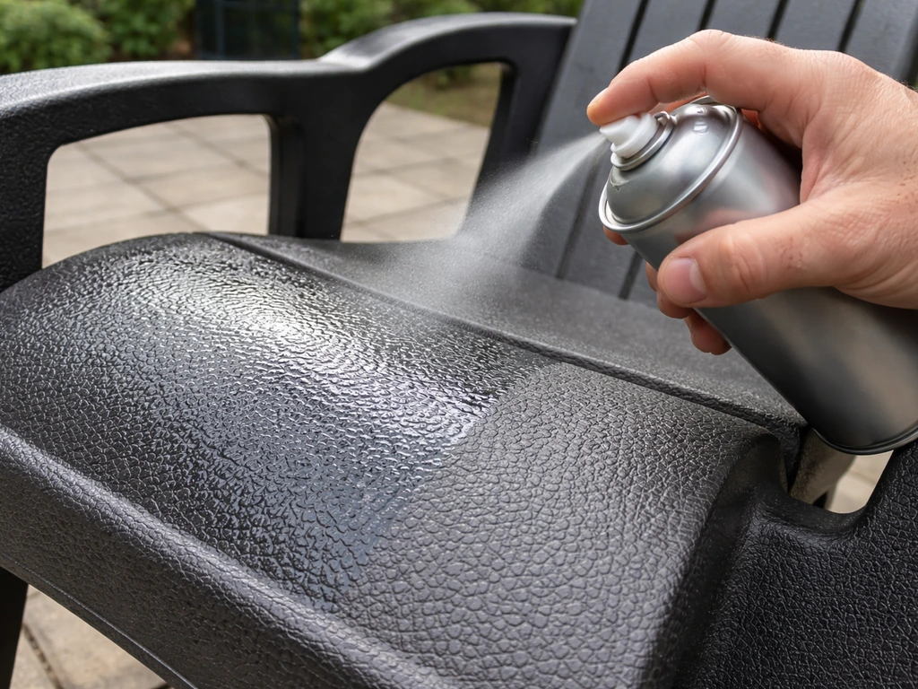 Spray can coating textured plastic patio furniture, showing fresh coverage in contours.