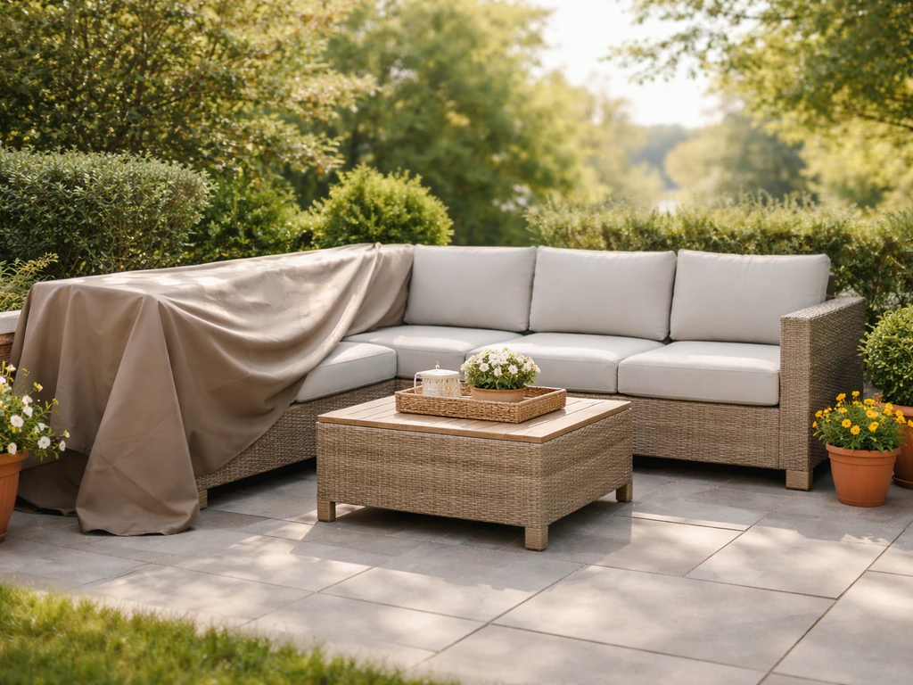 Bright patio with clean cushions and a protective cover, showing seasonal-ready care