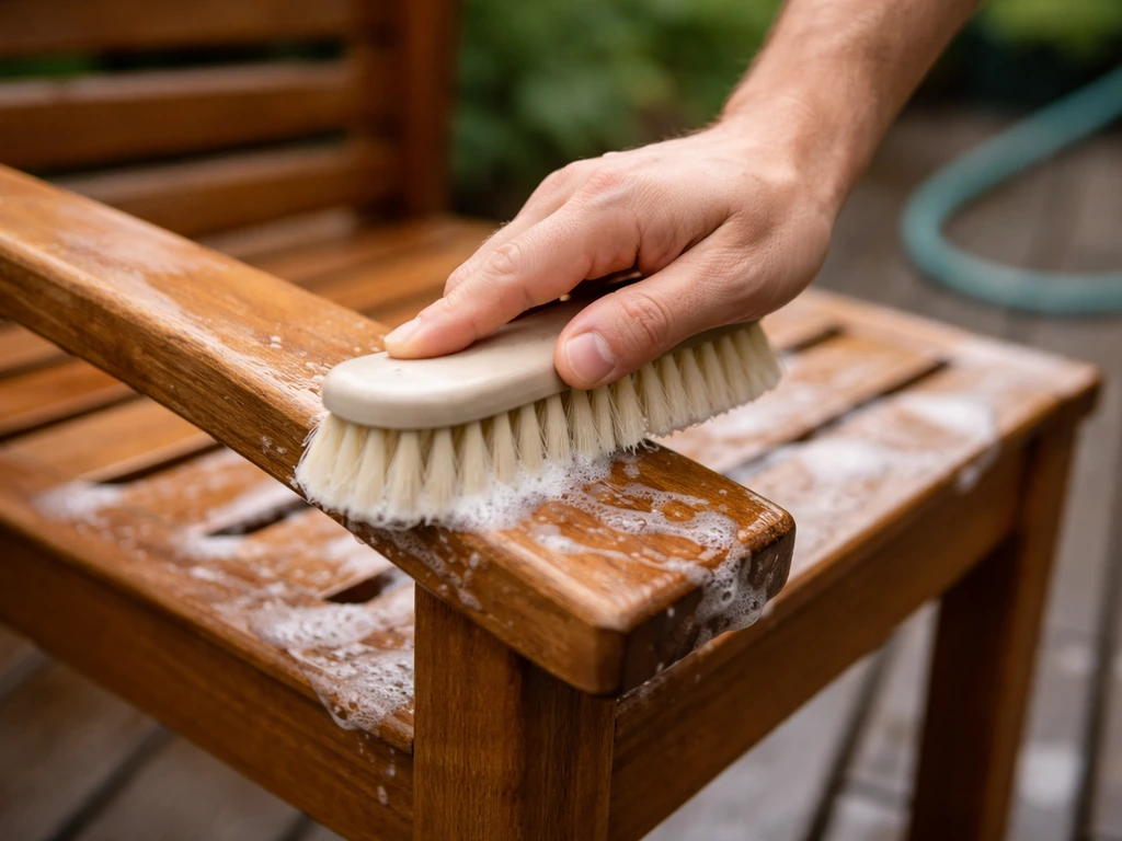 Close-up of a soft brush scrubbing wood patio furniture with mild soapy water suds.
