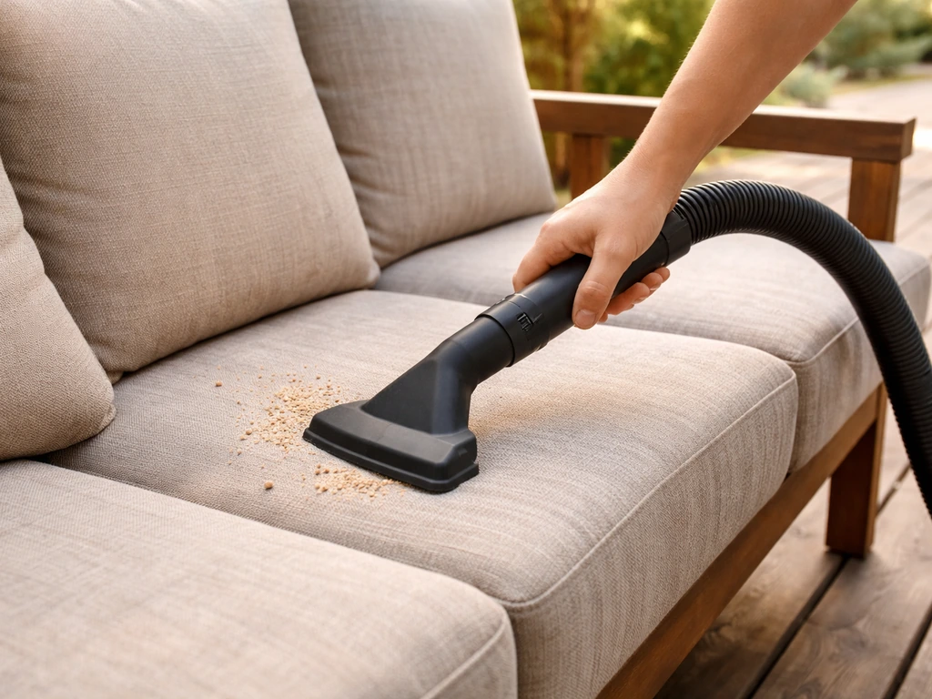 Hand vacuuming outdoor patio cushions with an upholstery attachment before cleaning