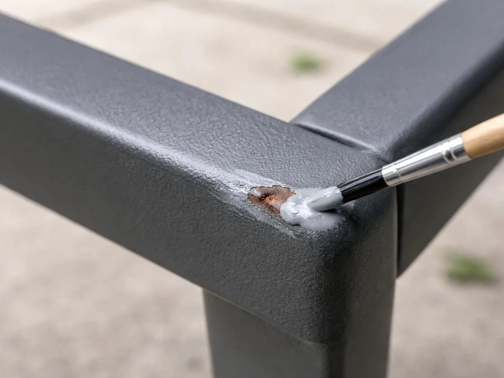 Close-up of chipped metal spot being prepped and coated to prevent rust, clean and dry surface
