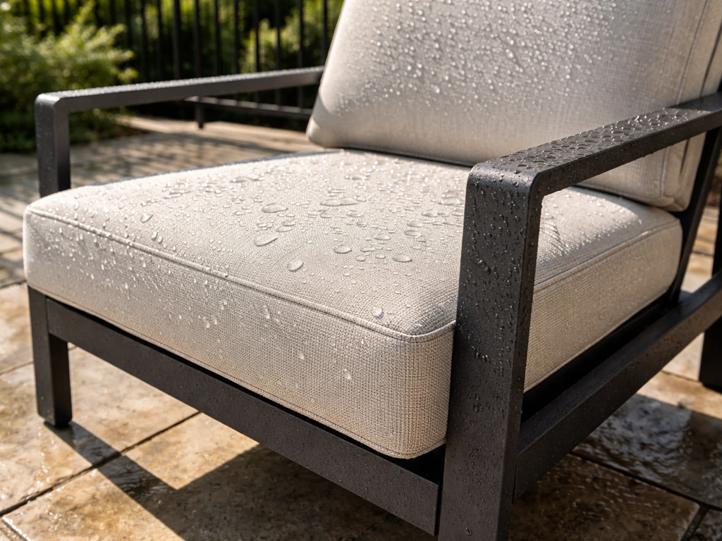 Powder-coated aluminum patio chair with water-beaded weatherproof cushion on a sunny, rain-moist patio.
