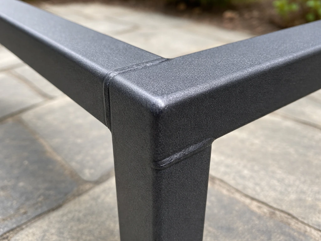 Close-up of a powder-coated aluminum patio furniture frame showing welds and smooth durable finish.
