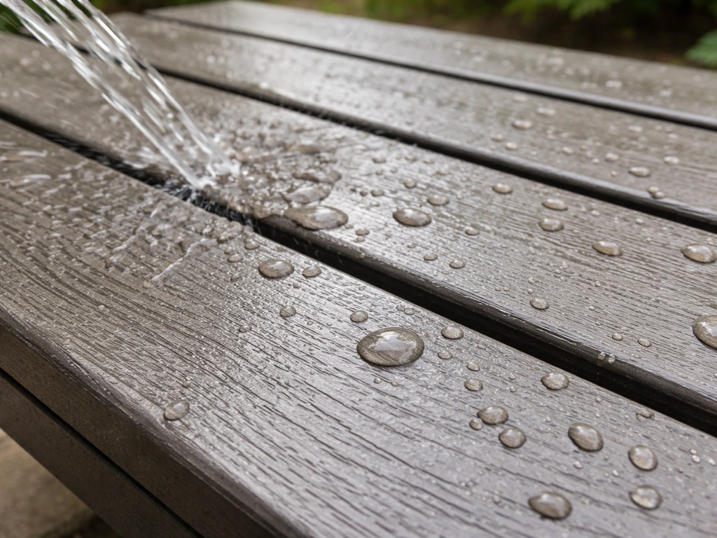 Close-up of outdoor composite lumber slats with water beads and hose splash showing easy durability.