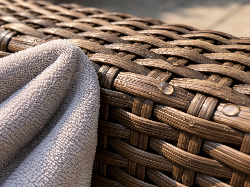 Close-up of resin wicker weave with a damp cloth and water droplets beading on the strands.