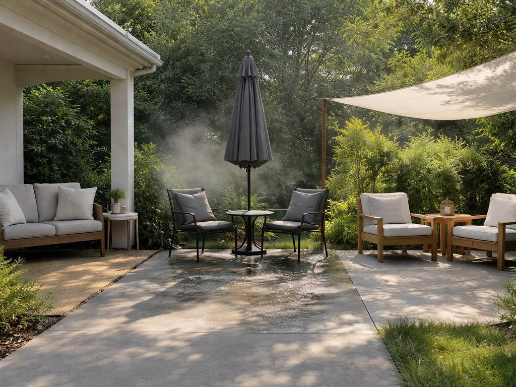 Minimal patio furniture set showing covered, rain-ready, and sun-ready pieces in one outdoor scene.