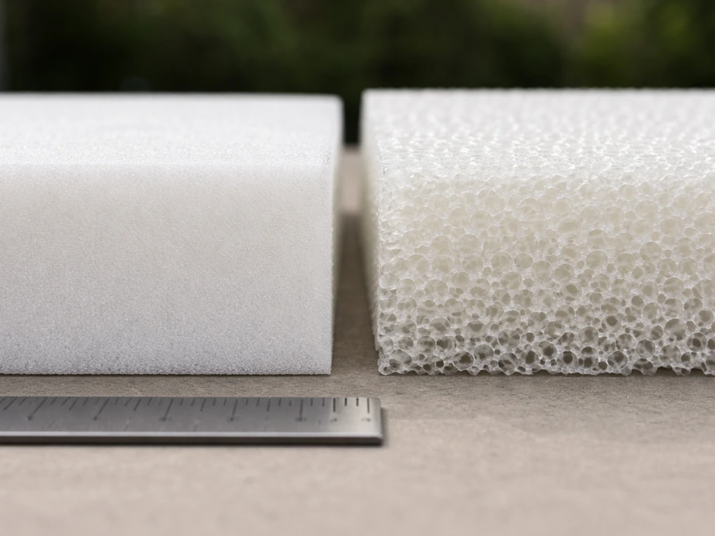 Close-up macro of two outdoor cushion foam textures with a small ruler showing thickness reference.