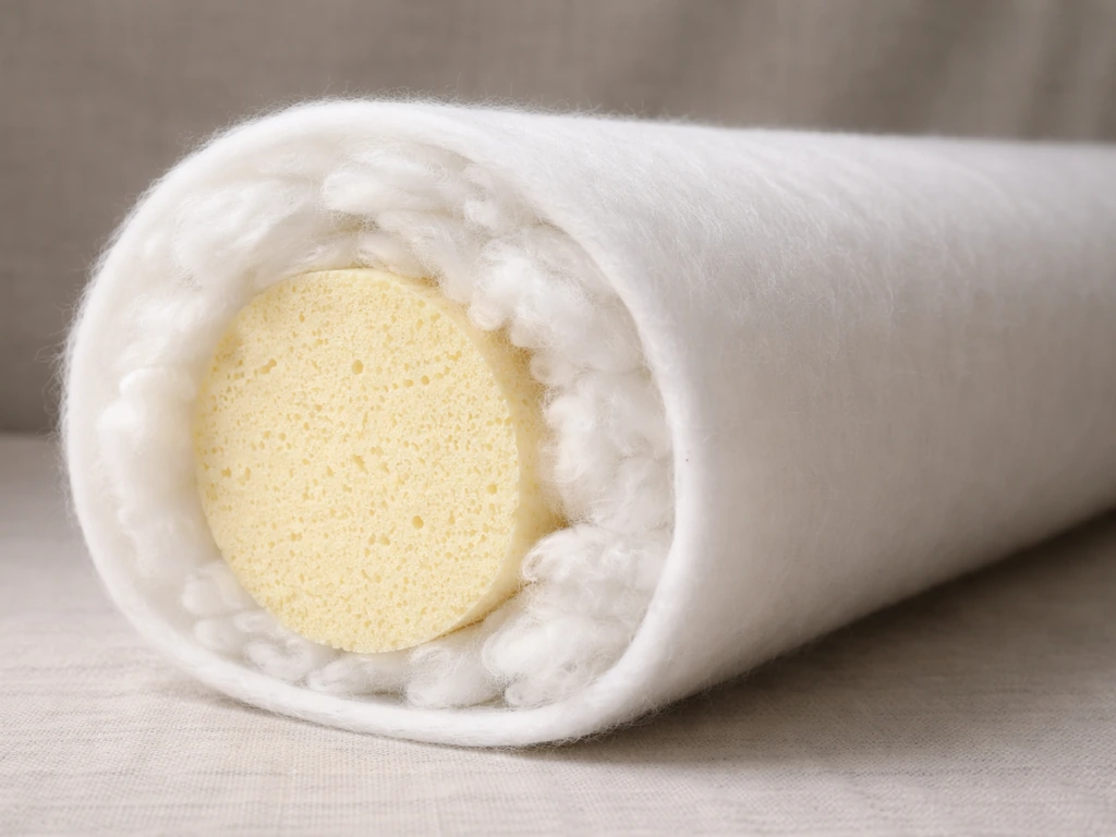 Layered cutaway-style close-up showing foam core wrapped in smooth polyester batting