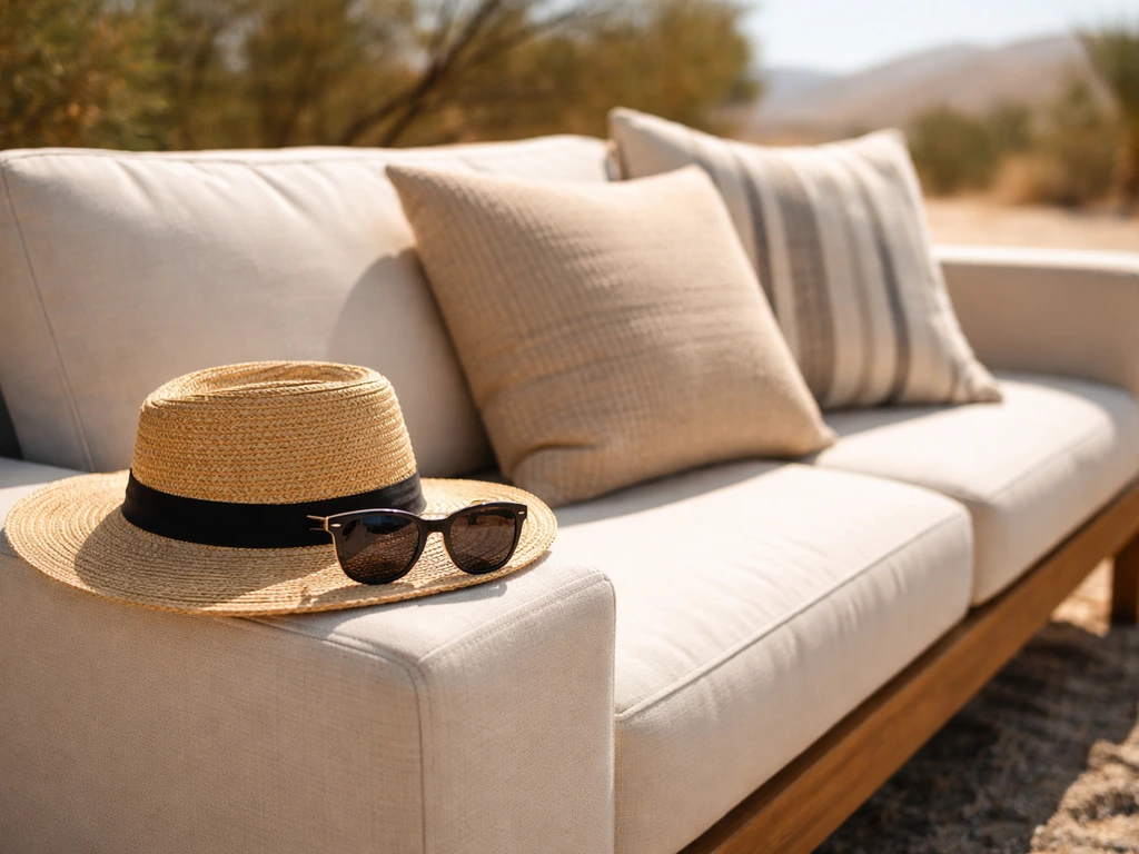 Patio cushions with sun hat and UV sunglasses on a sunny day, suggesting hot dry climate use.