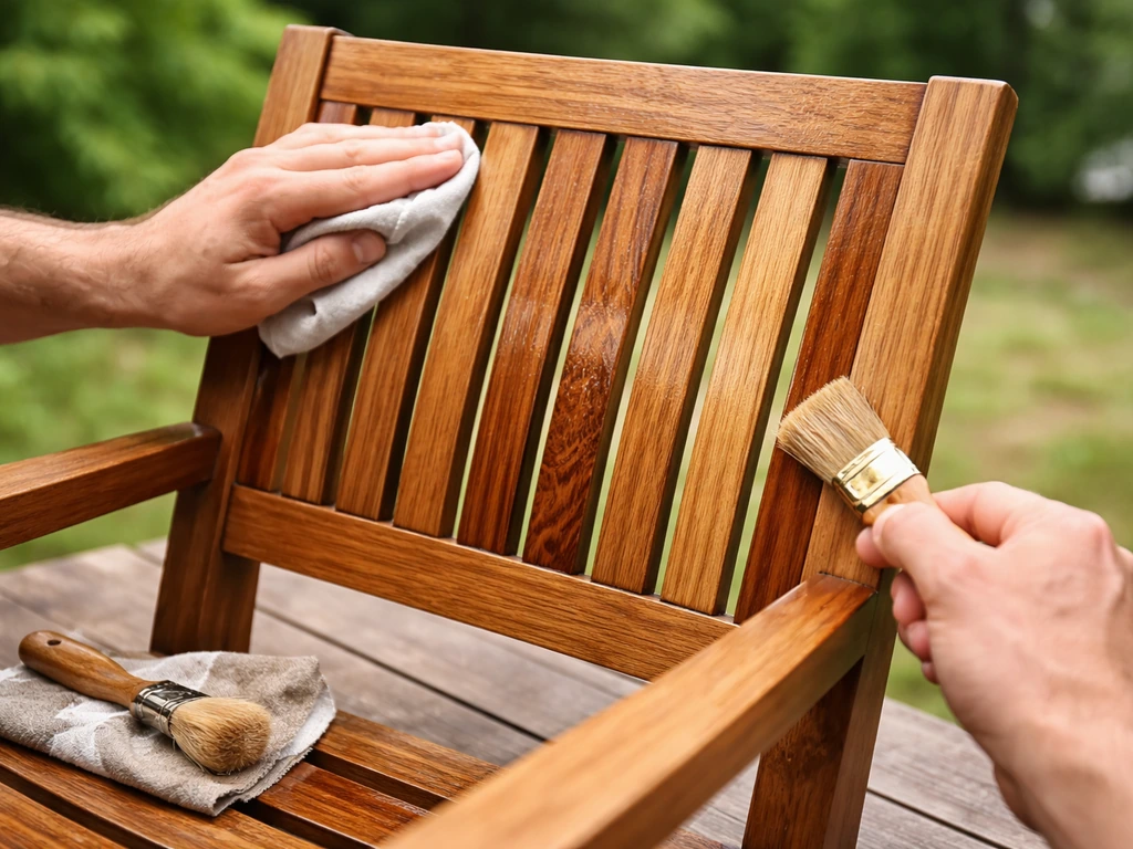 Hands wiping oil onto an outdoor teak or cedar chair slat with a rag and brush
