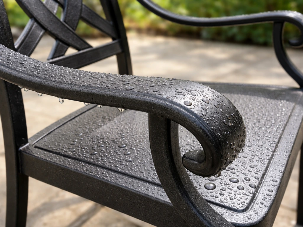 Cast aluminum outdoor patio furniture with protective powder coat, water beading on smooth metal.