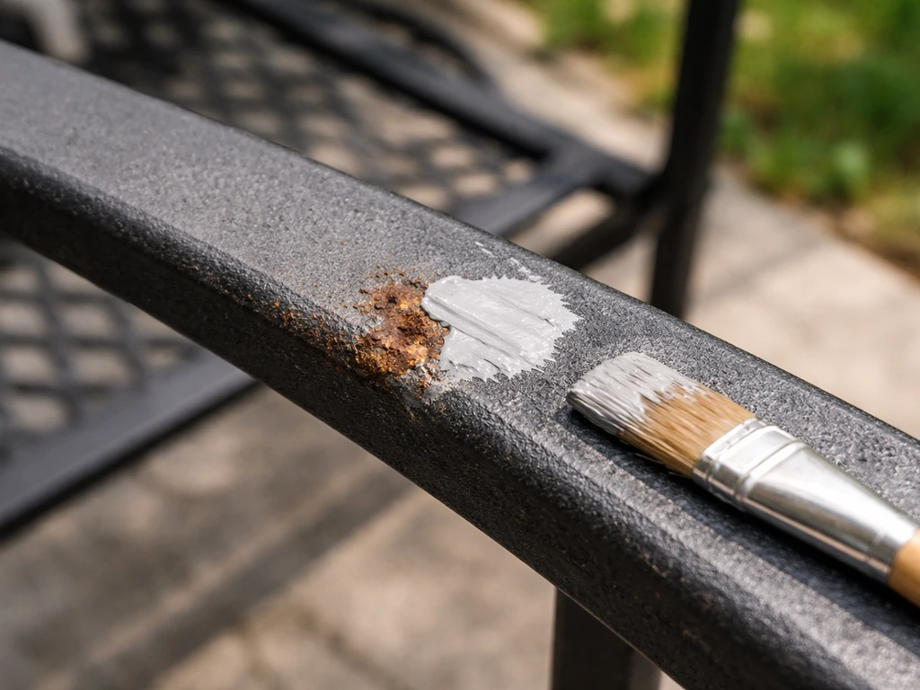 Close-up of a patio chair arm with chipped paint, rust primer being brushed into a small spot.