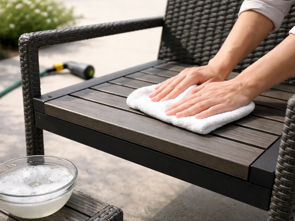 HDPE resin slat patio chair being wiped clean with a damp cloth, showing intact, non-splintering surface.