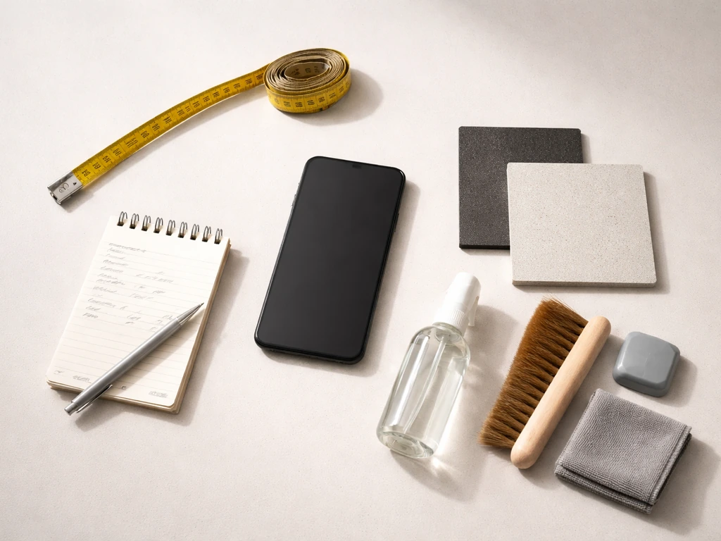 Flat-lay of measuring tape, blank-phone checklist, swatches, and small maintenance items on a tabletop.