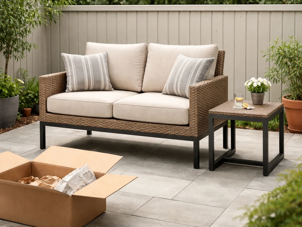 Fully assembled patio furniture on an outdoor patio with delivery packaging nearby, ready to use.