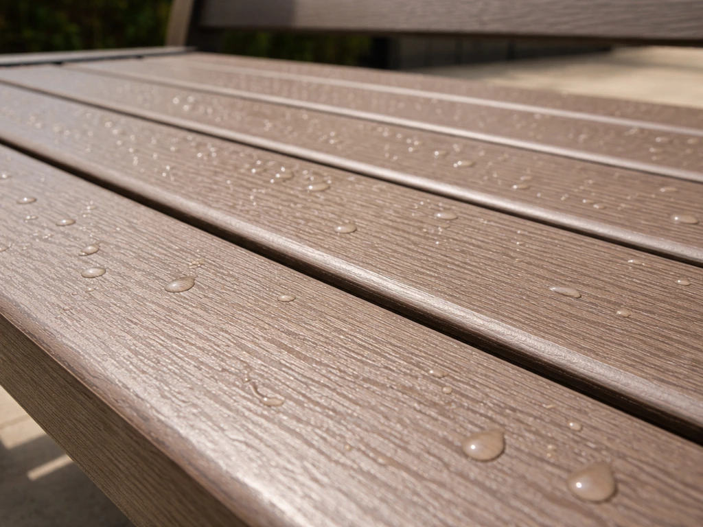 Close-up of HDPE patio seat planks with faux wood grain and subtle rain beading.