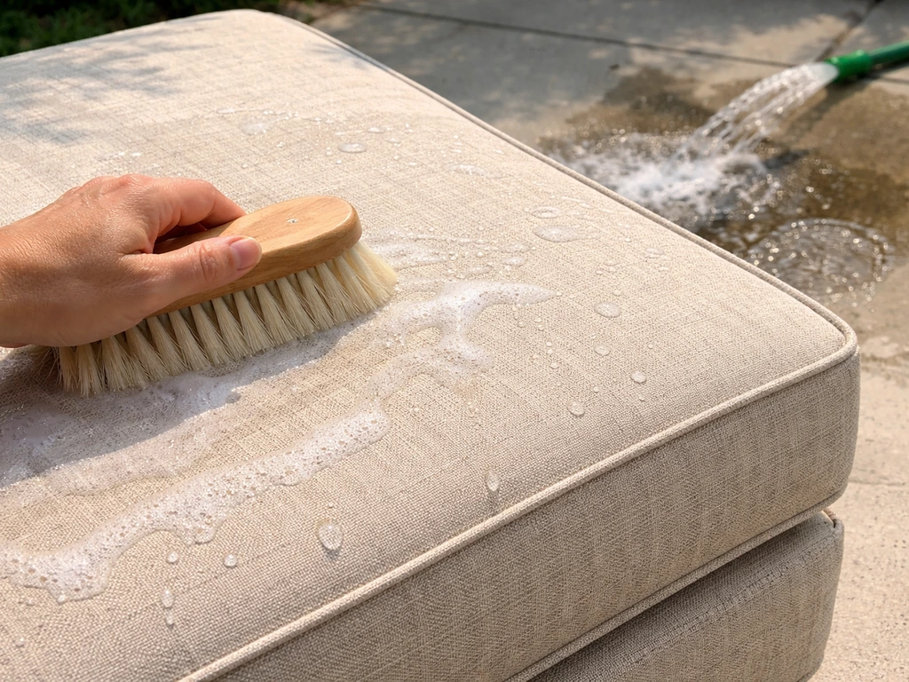 Close-up of an outdoor cushion being gently brushed and rinsed with water.