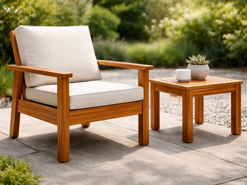 Wood patio chair with rich finish in soft natural light, showing clean protected surfaces outdoors