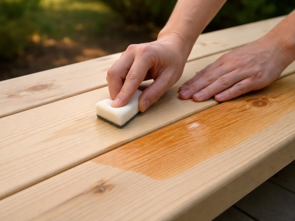 Hands applying finish to sanded bare patio wood plank outdoors, with small test area visible.