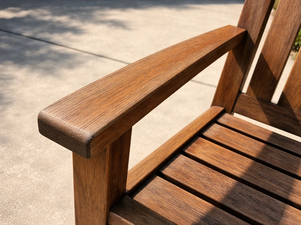 Sun-exposed stained wood patio chair arm showing semi-transparent color depth and UV-protective finish.