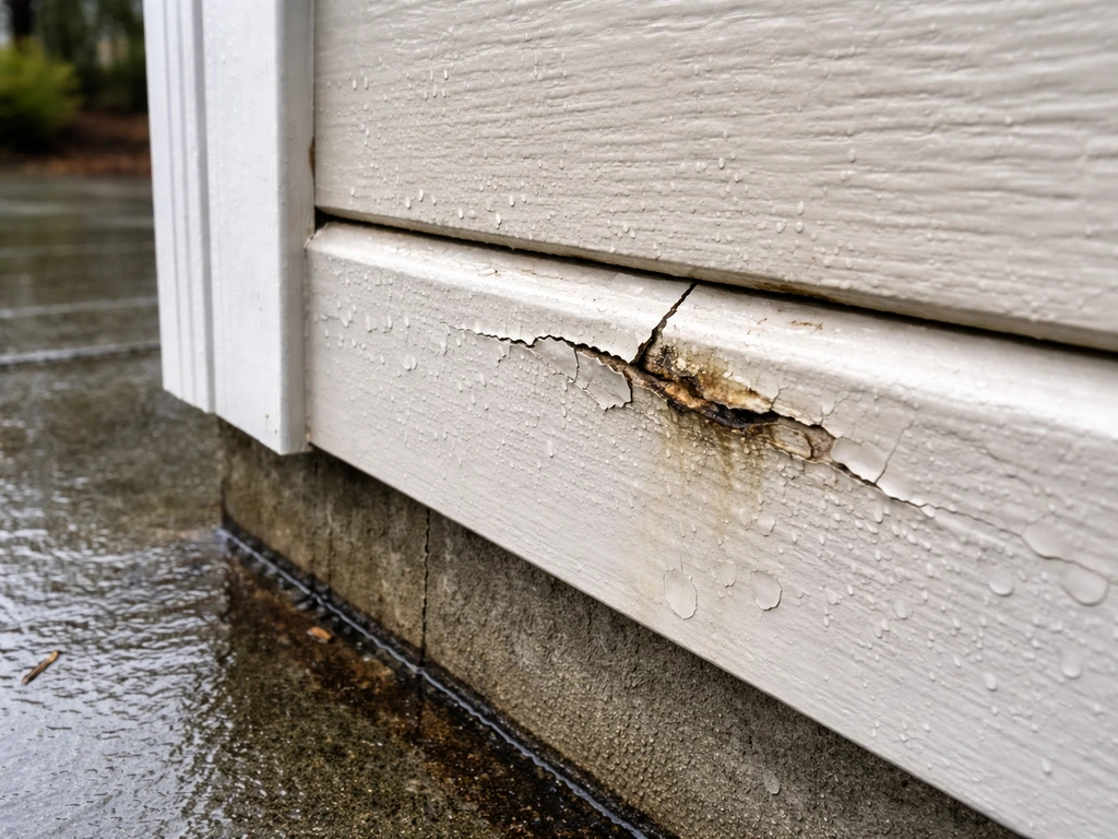 Close-up of cracked and slightly peeling exterior finish on wet wood near an intact protected section.