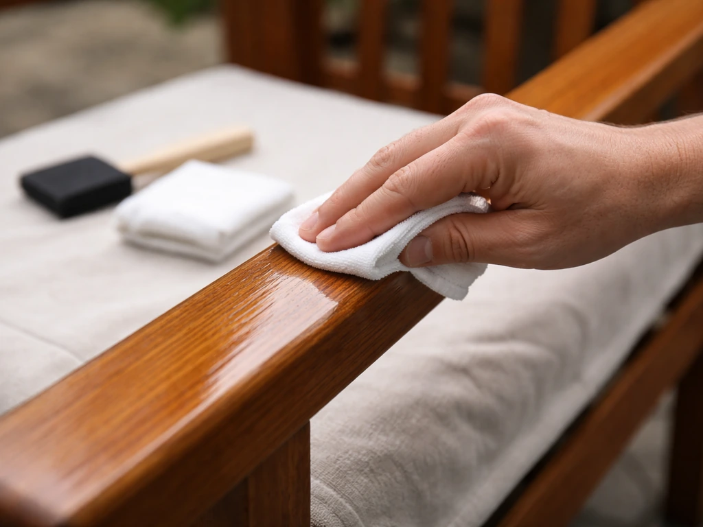 Close-up of a hand applying wood finish to patio furniture rails with a cloth for even coverage.