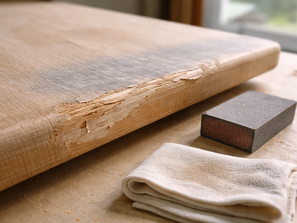 Peeling clear finish and UV-gray wood with a sanding block and cloth on a simple workbench.
