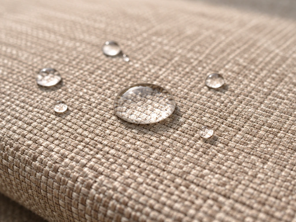 Close-up of outdoor olefin fabric with water droplets beading on the textured weave.