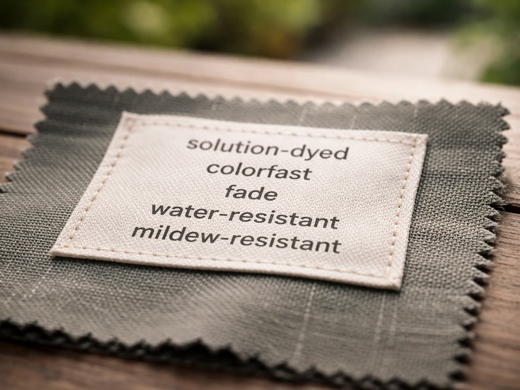 Close-up of an outdoor fabric care/tech label with readable spec terms like solution-dyed and colorfast