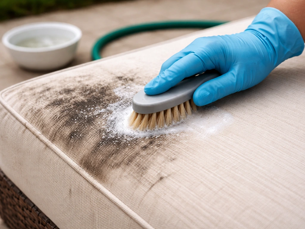 Close-up of mildew-stained outdoor cushion being scrubbed with a brush and diluted cleaner solution.