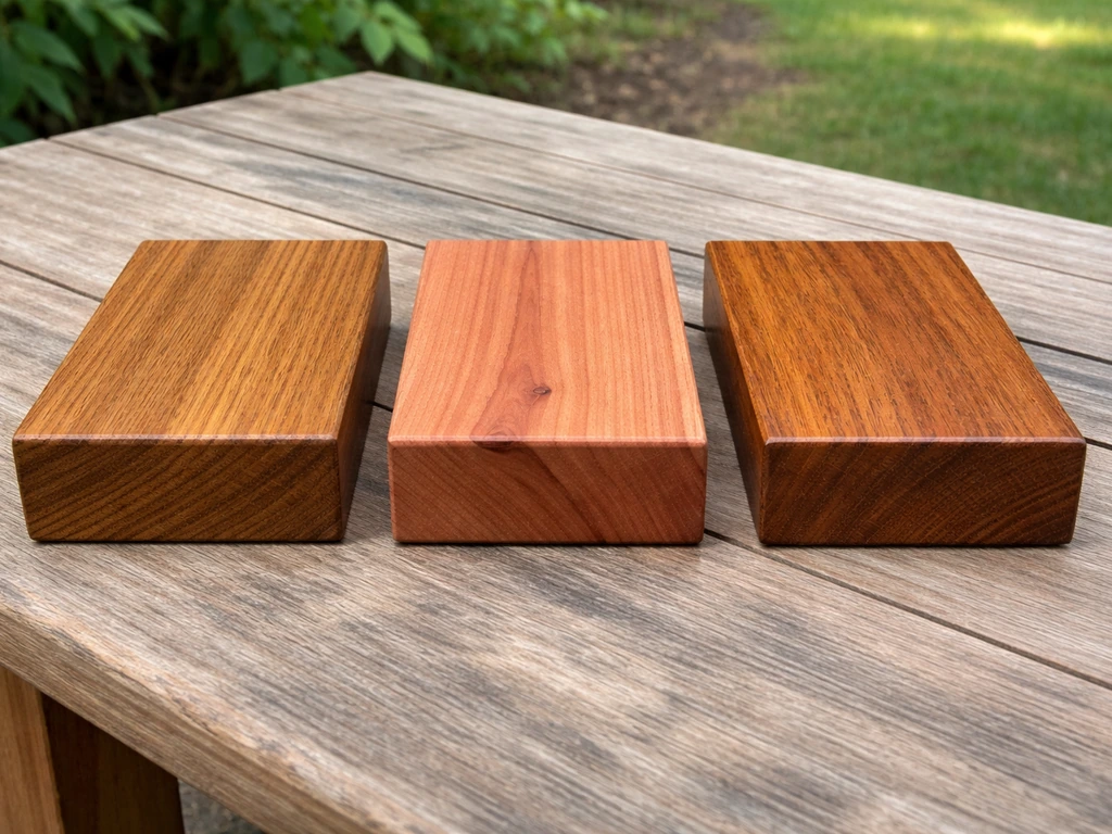 Three small wood samples—teak, cedar, and eucalyptus—laid side by side with visible grain outdoors.