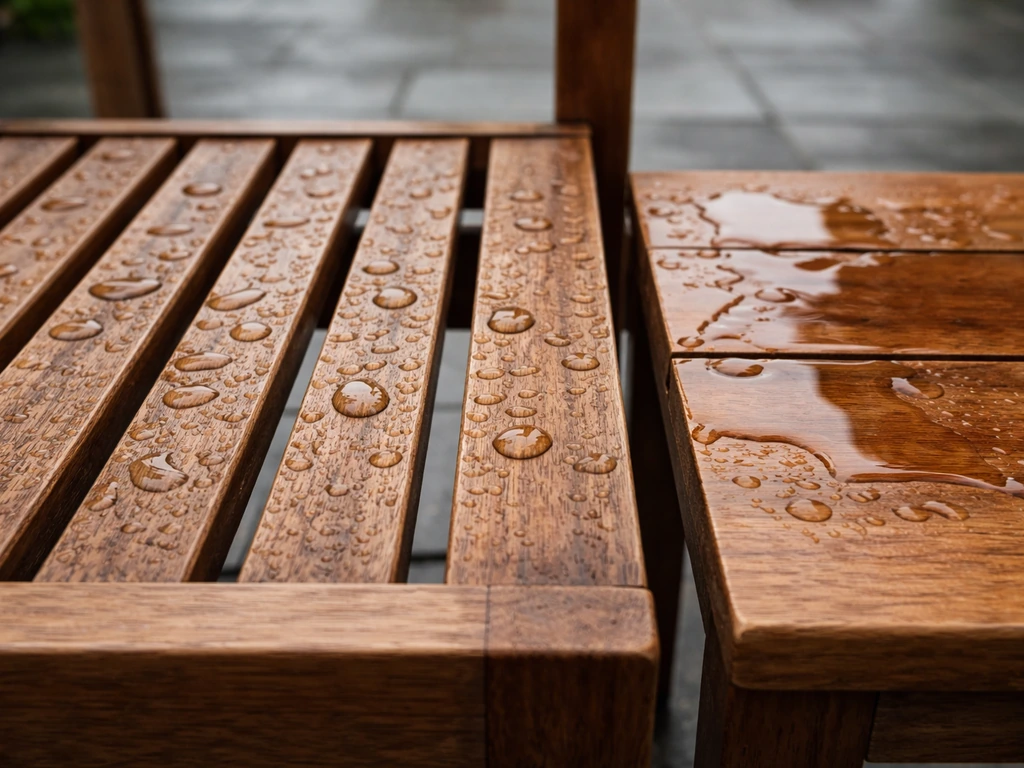 Close-up of wooden patio chair slats showing water-shedding gaps and drainage, contrasting with a flat pooling surface.